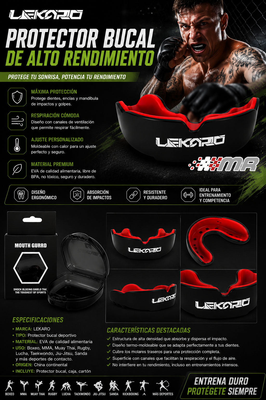 Protector Bucal Mma Boxeo Muay Thai Lekaro Moldeable